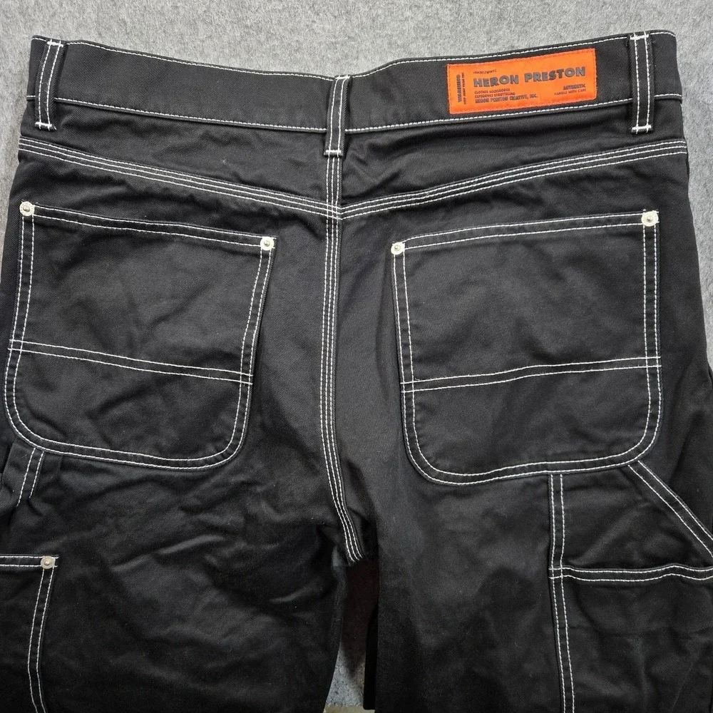 Heron Preston Pants Mens L 34x33 Black Carpenter Cargo Wide Leg Contrast Stitch